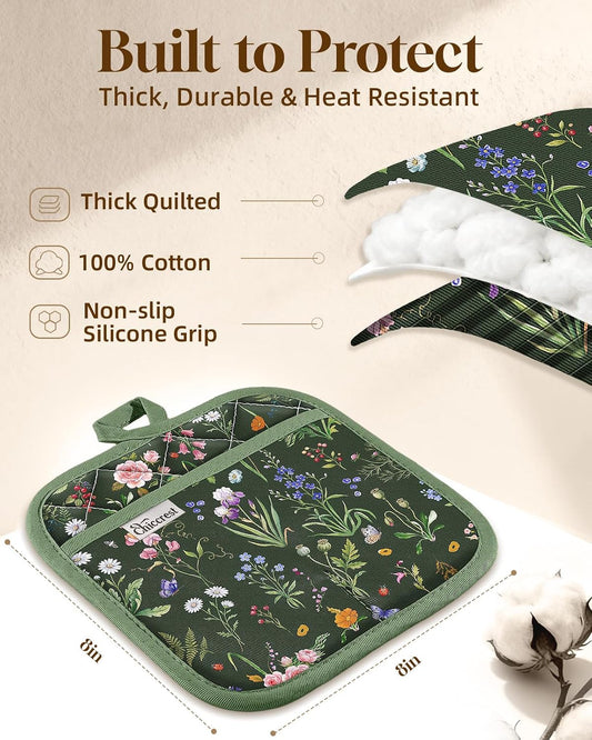 100% Cotton Square Pot Holders Soft Silicone Grip Green Floral