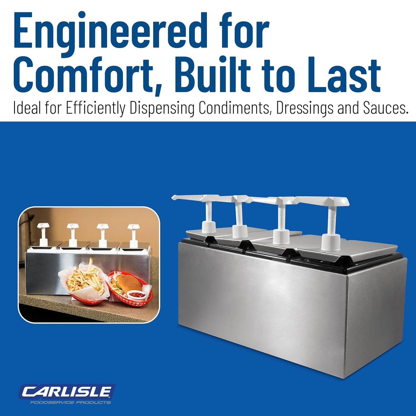 Carlisle FoodService Products Condiment Rail Condiment Center with 4 Standard Pumps for Gas Stations, Restaurants, and Fast Food Stainless Steel, 19.25 X 7.75 X 12.5 Inches, Silver