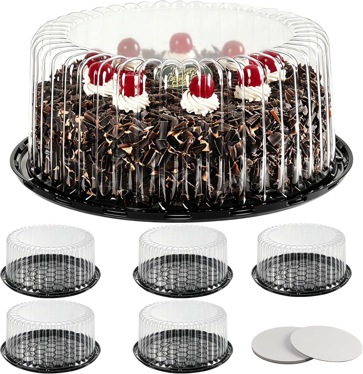 6-Pack Cake Carrier Holder Container for 10 Inch Round Cakes - Plastic Disposable Cake Containers, Take Out Storage w/Clear Dome Lids, Black Base Serving Trays, White Cake Boards, 12 x 5 Inches