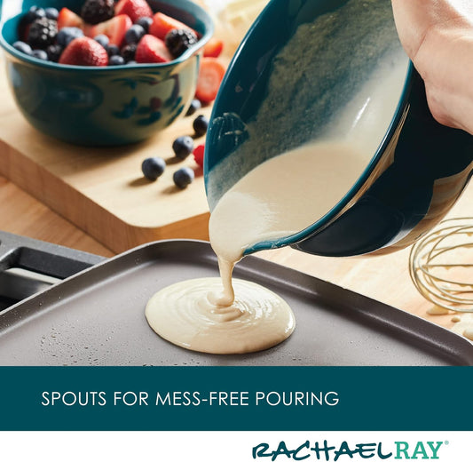 Rachael Ray Ceramics Nesting Mixing Bowl Set with Pour Spout, 1 Quart and 2 Quart, Teal