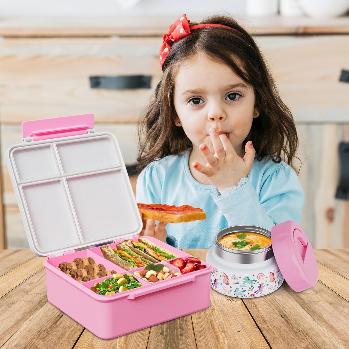 Bento Box for Kids with Thermo Food Container (9oz), 4-Compartment Lunch Box, Adjustable Divider, Leakproof Bento Lunch Box, Includes Utensils & Carry Bag for School, Office(Blue)