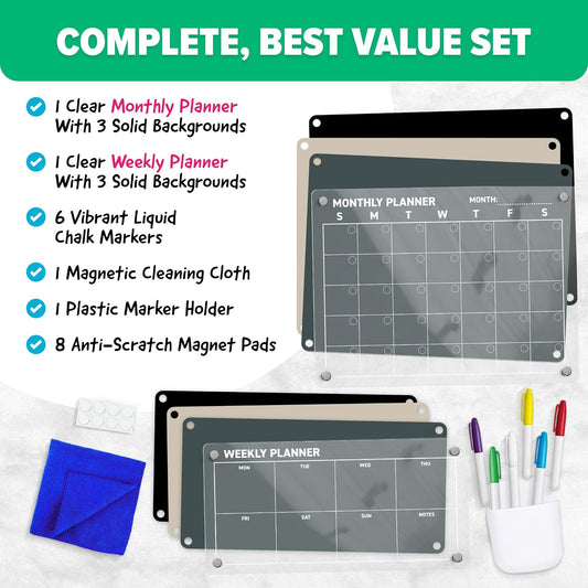 Acrylic Calendar for Fridge - Magnetic Calendar for Refrigerator - 2pc Family Refrigerator Magnetic Dry Erase Planning Board Monthly Weekly - 6 Liquid Chalk Markers & 3 Interchangeable Backgrounds