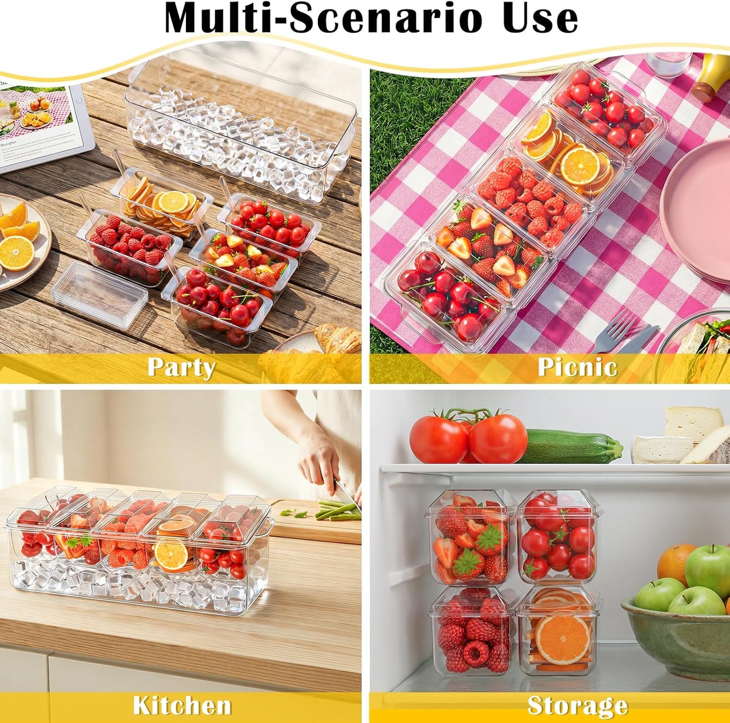 ARSTPEOE Condiment Tray, Chilled Condiment Server for Home, Party, Celebration, Bar Garnish Holder on Ice, Bar Accessories Fruit and Salad with Removable Trays and Lids (5 Spoons & 2 Tongs)
