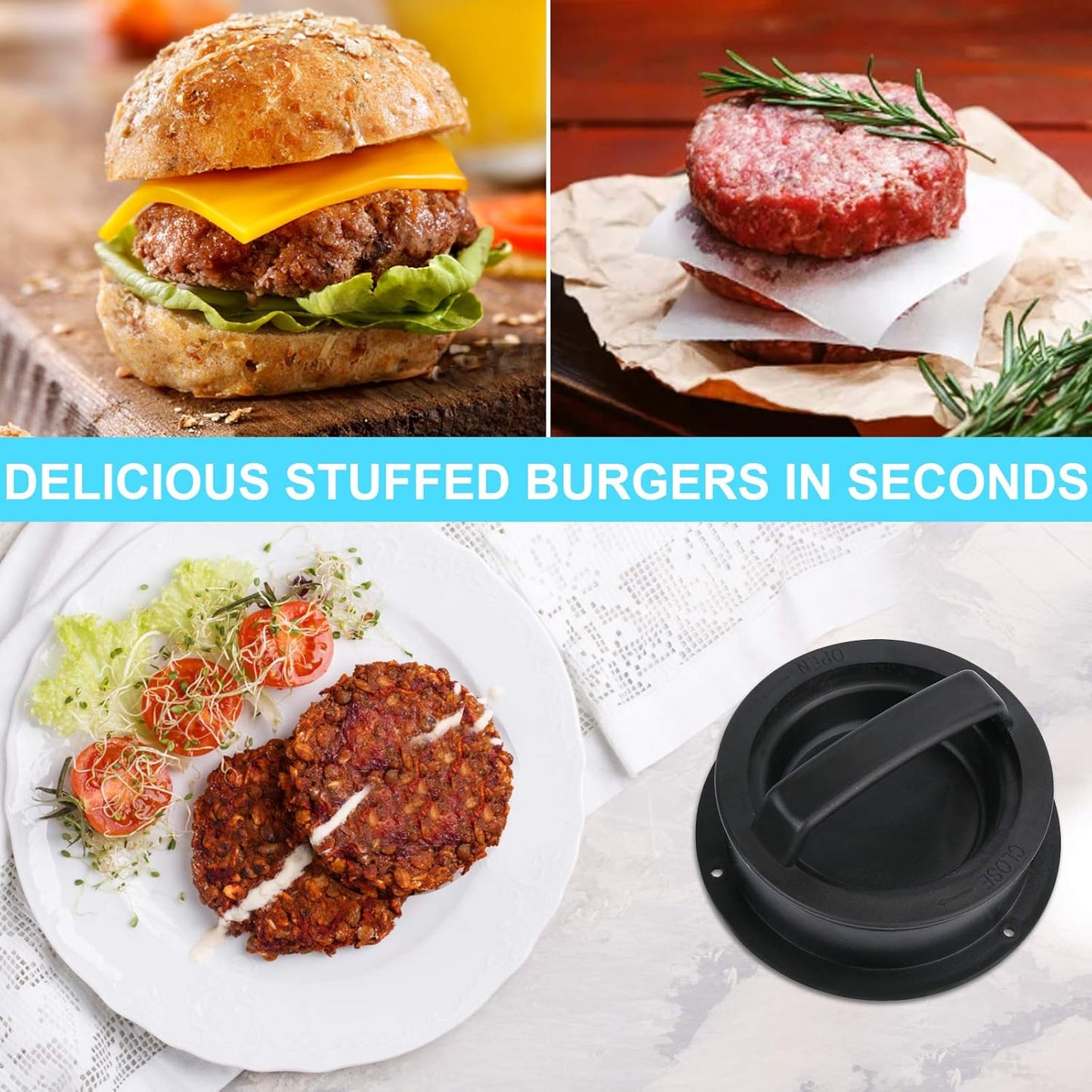 3 in 1 Stuffed Burger Press Patty Maker Rings Molds Kit, Non Stick Stuffer Hamburger Press Patty Maker - with 100 Pcs Wax Hamburger Patty Paper, Sausage Patty Press for Slider/Pattie/Grilling HAHAYOO