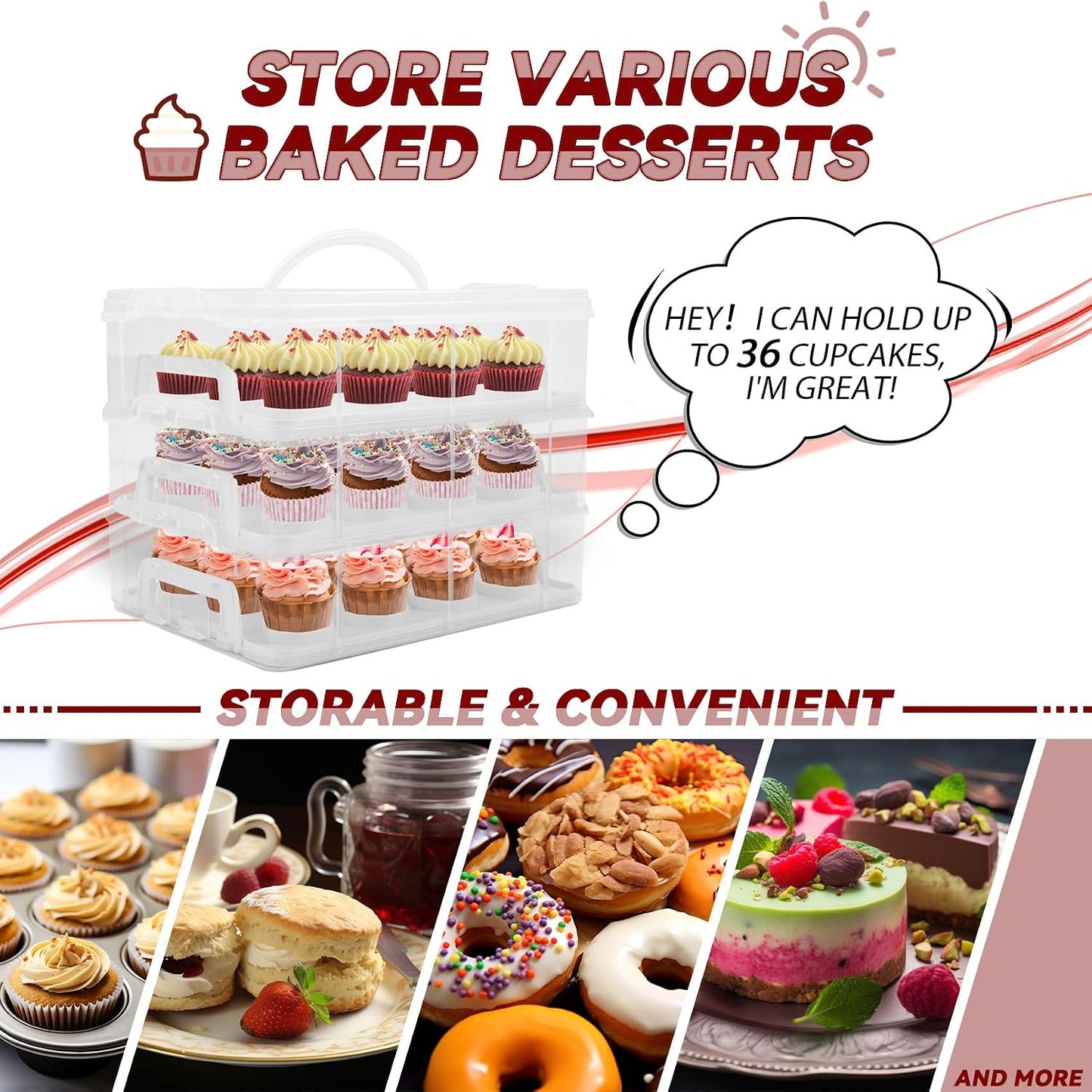 Cupcake Carrier, 3-Tiers Cupcake Containers, Cupcake Holder with Lid