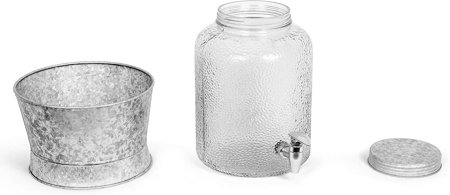 BIRDROCK HOME 2.5 Gallon Pebbled Glass Beverage Dispenser w/Galvanized Stand - Spigot - Large Jar for Water, Lemonade, Sangria, Iced Tea, Punch, Cocktail Drinks - Mason Style Jug for Parties
