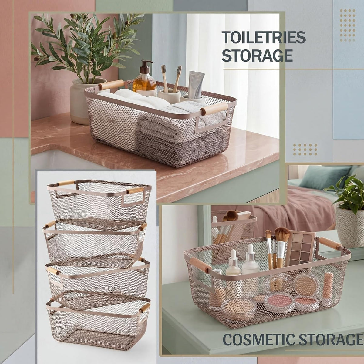 Mumufy 3 Pcs Metal Mesh Basket with Wooden Handles Wire Steel Organizer Bins Pantry Organizers Kitchen Baskets for Closet Cabinet Bathroom Fridge Food Snacks Organization (Warm Tapue,3 Sizes)