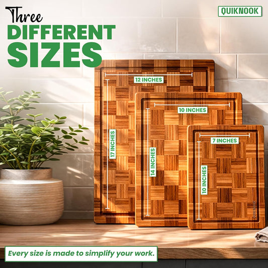 Bamboo Cutting Board Set of 3 with Holder | Non-Slip End Grain Chopping Block | Heavy-Duty Knife-Safe Bamboo Wood Cutting Boards for Kitchen Prep | Deep Juice Groove for Meat Veggies & Fruits