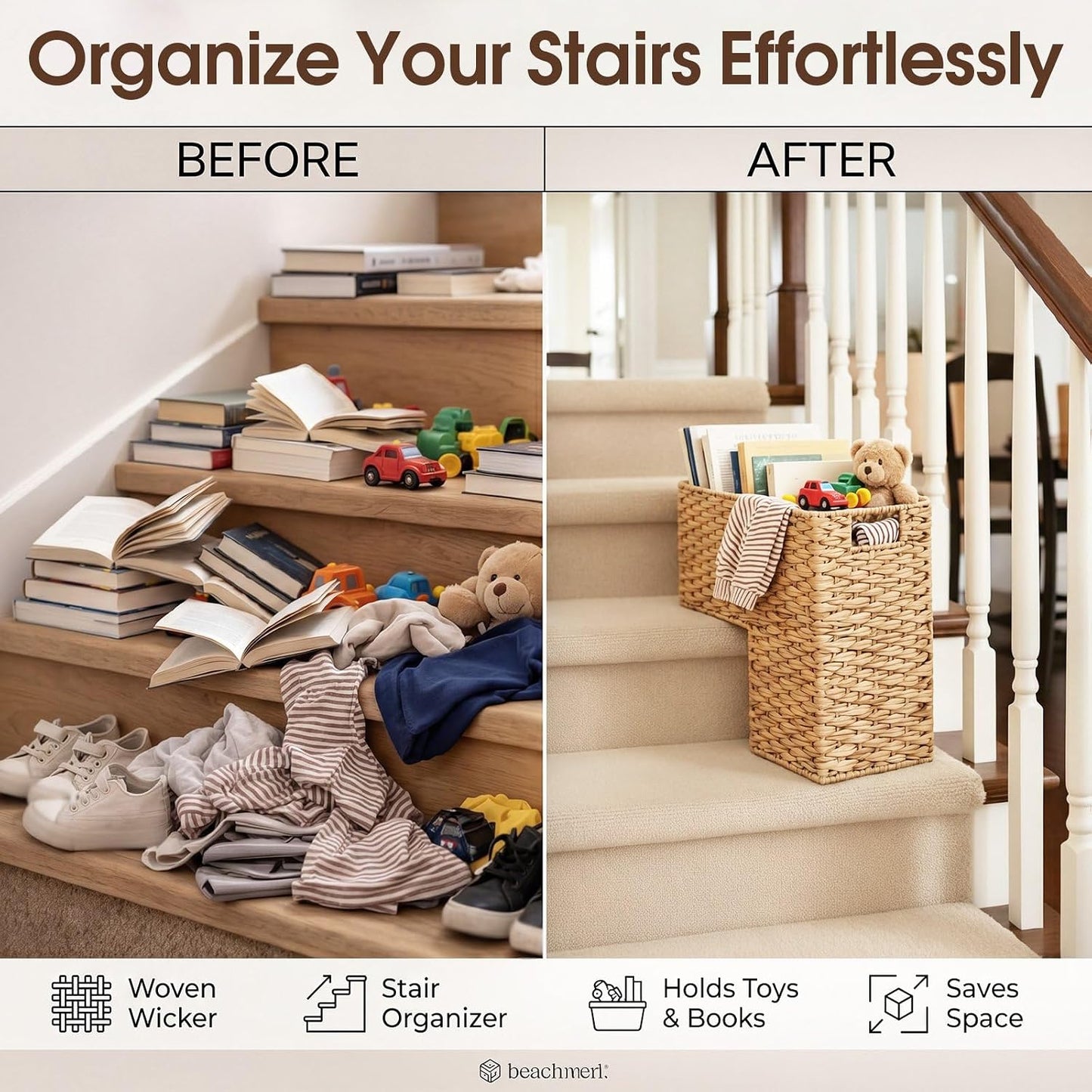 Cinnvoice 2 Pack Stair Storage Baskets 15'' Water Hyacinth Carpeted Wooden Step Bins with Handles for Toys Books Staircase Storage Home Organization