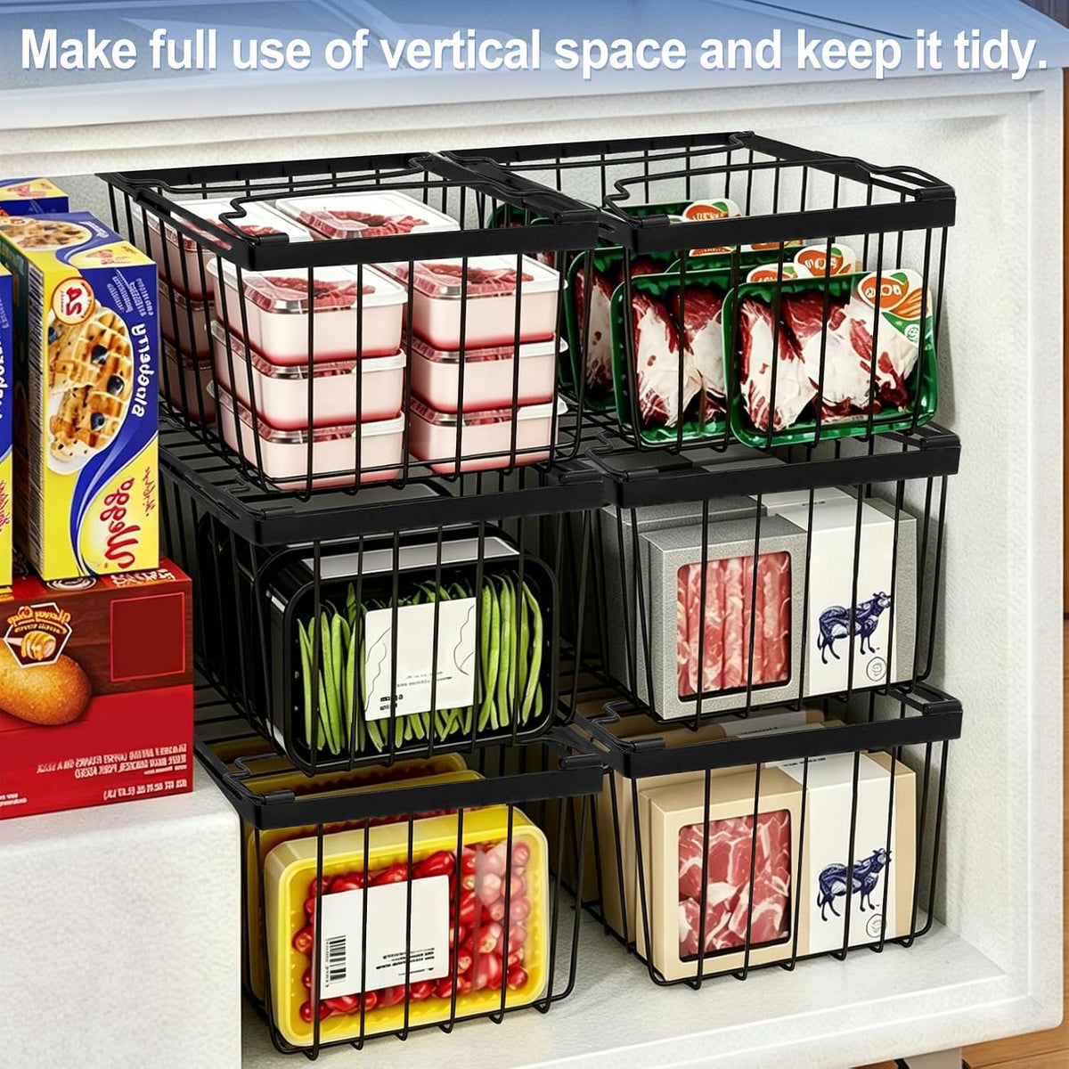 3Pack Freezer Organizer Bins, Stackable Chest Deep Freezer Storage Containers, Expandable Freezer Baskets with Handle fit 5cu.Ft 7cu.Ft Freezer, Fridge, Pantry (Black-3Pack)
