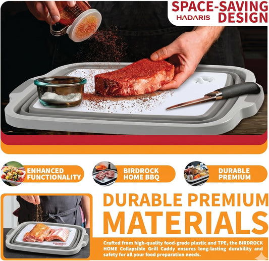 All-in-One Collapsible BBQ Prep Tub - Marinating Station & Food Storage with Built-in Cutting Board & Airtight Lid - Perfect for Grilling, Camping & Kitchen Organization (Gray)