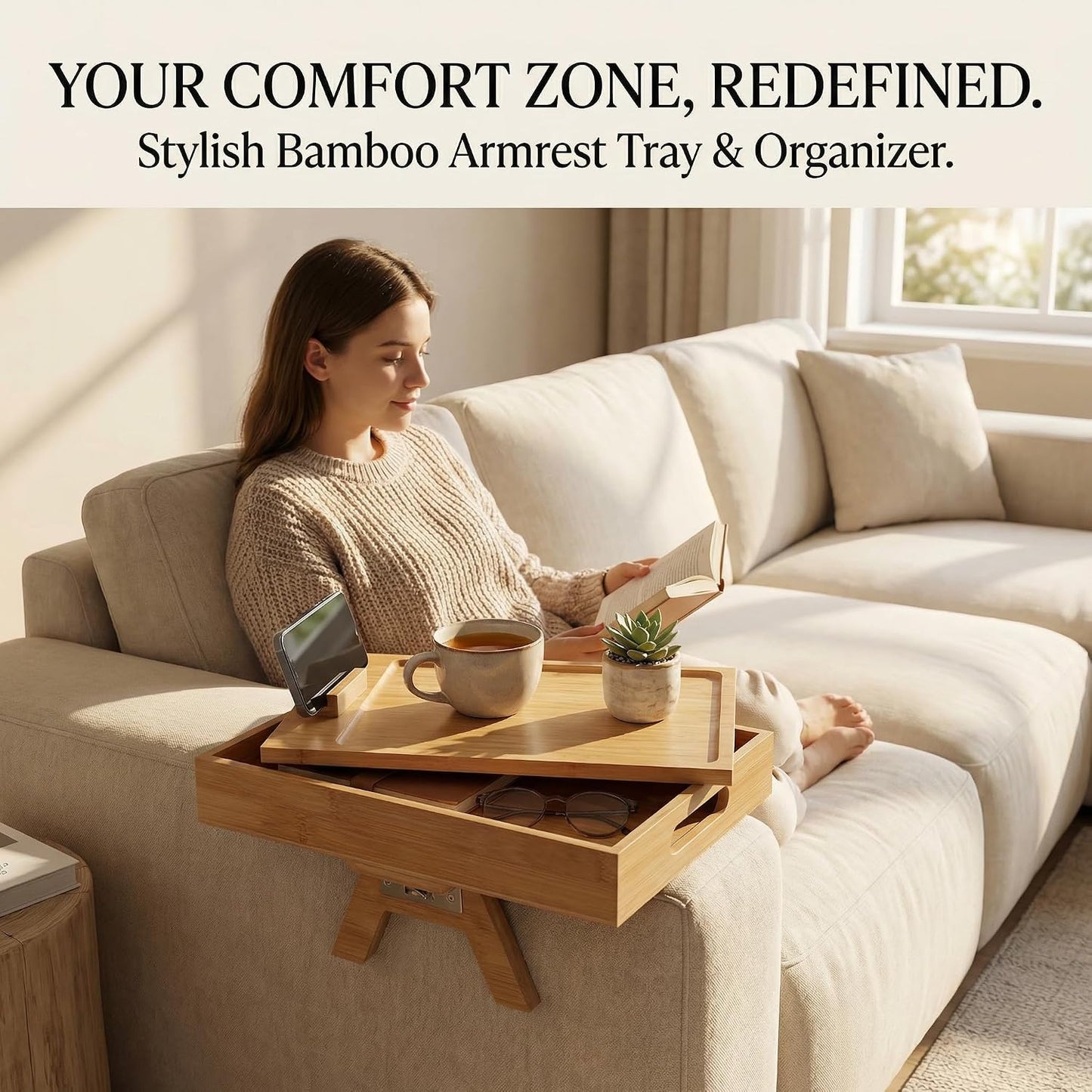 Premium Bamboo Sofa Arm Tray with 360° Swivel Lid & Phone Holder | 3-in-1 Couch Armrest Table with Hidden Storage for Drinks, Snacks, Remote (lid)
