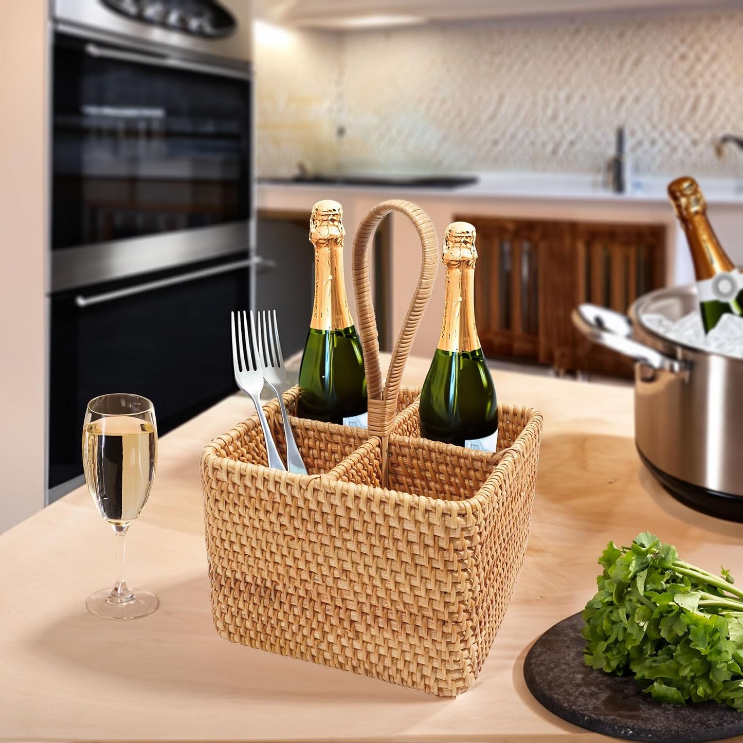 Natural Wicker Utensil Caddy with Built-in Handles,Wicker Silverware Caddy with 4 Compartments,Spoon Cutlery Holder Utensils Organizer,Condiment Organizer Silverware Holder(7.09 * 5.12 inch)