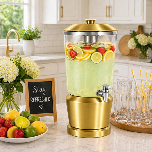 Drink Dispenser with Ice Chambers, Lemonade Tea Water Dispenser with Spigot, Stainless Steel Beverage Jar Jug, Perfect for Home Parties, Weddings, Gifts & Events (Gold, 3, Gallons)