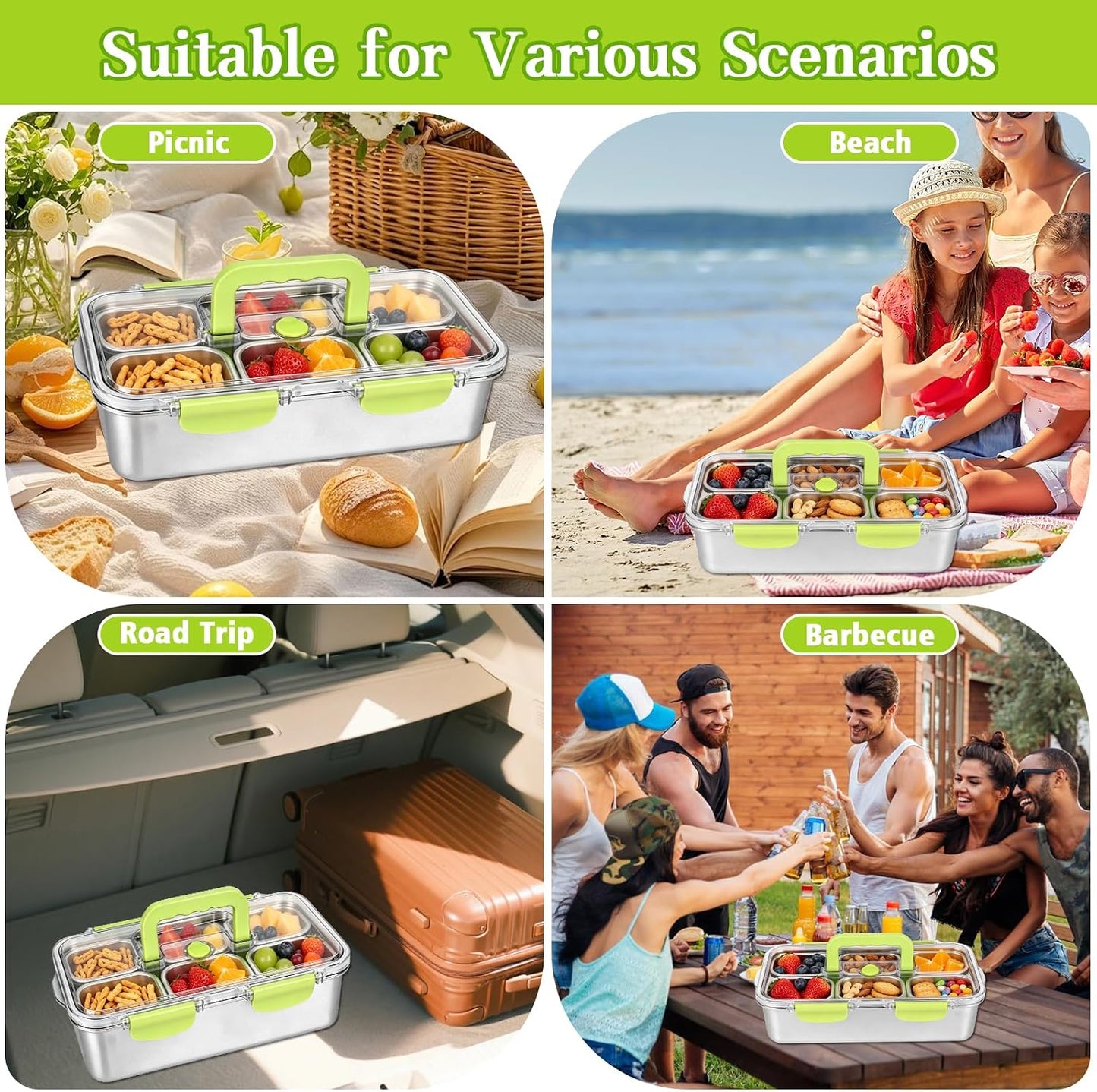 weiwei 6 Compartments Snackle Box Container, Reusable Divided Serving Tray with Lid and Handle, Portable Snack Box Container Snacklebox for Snacks Fruit Candy Picnic Beach Camping, Plastic