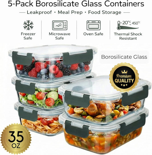 Brieftons Glass Meal Prep Containers: 5 Pack, 35 Oz with Airtight, Leakproof Snap Locking Lids, Perfect for Food Storage, Lunch & Portion Control, BPA-Free, Microwave, Oven, Freezer & Dishwasher Safe