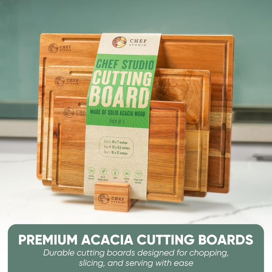 Acacia Wood Cutting Board (Set of 3) – Wooden Cutting Boards for Kitchen, Chopping and Serving, Non Plastic Bamboo Alternative, Hostess Gifts for Christmas, Thanksgiving, New Year