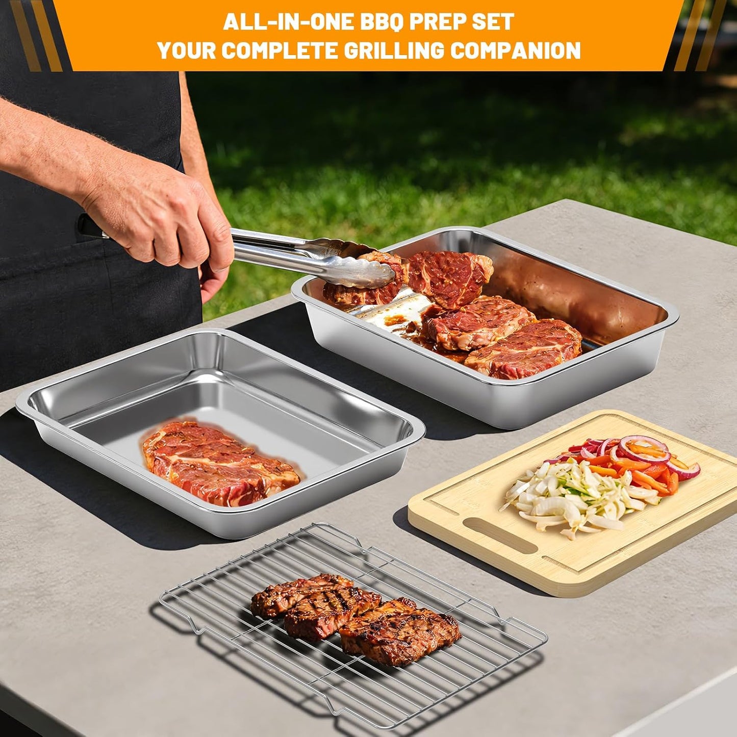 5pcs Grill Prep Trays Sets, Stainless Steel Grilling Prep and Serve Tray, Marinade Container with Lid, Thawing Board, Cutting Board, BBQ Grill Accessories, Grilling Gifts for Mens
