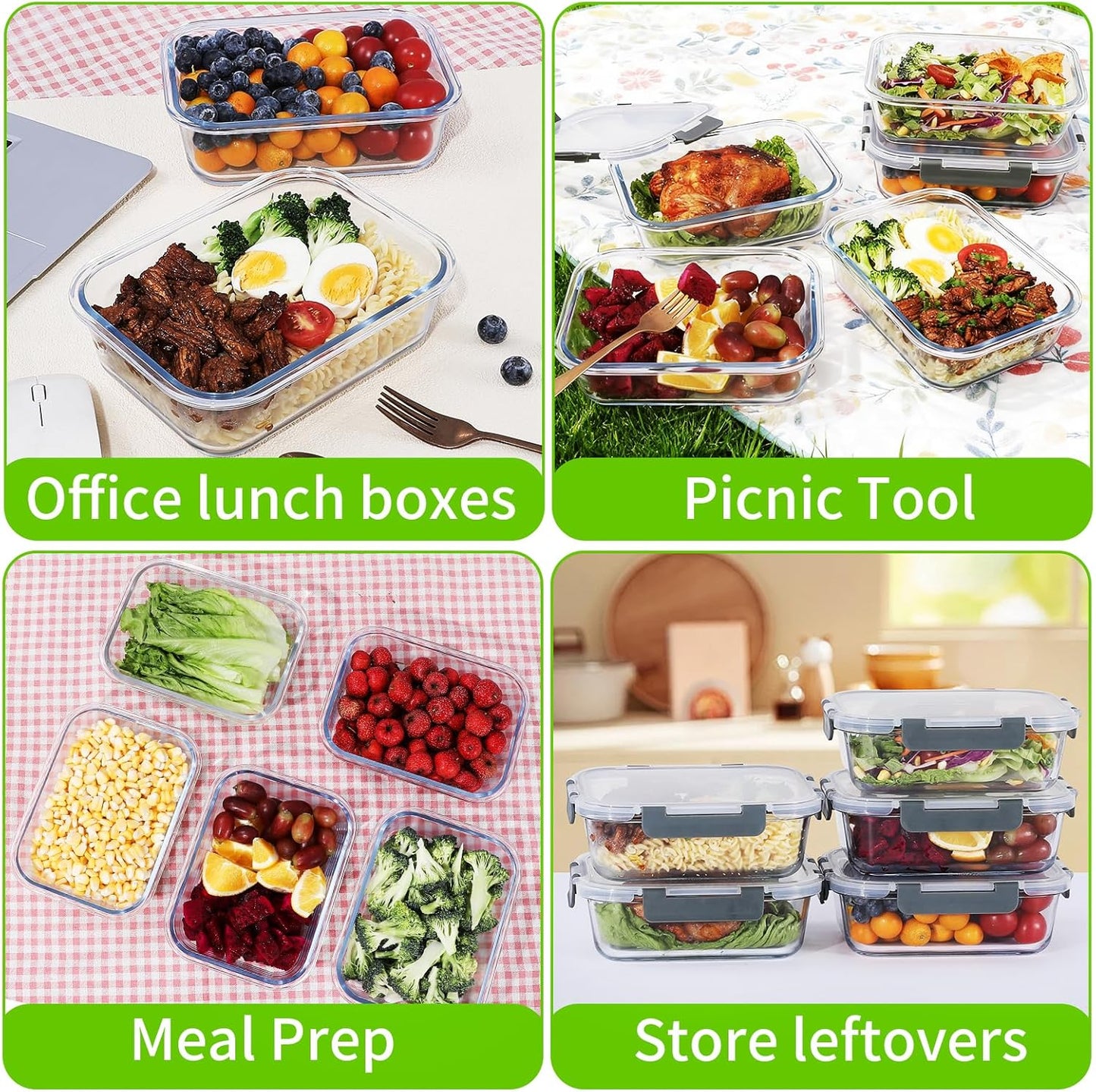 DANALLAN 5Pcs Glass Storage Containers with Lids 36 OZ Meal Prep Containers Sets Kitchen Airtight Leak Proof Oven Safe Food Lunch Container Microwave Freezer Dishwasher Safe