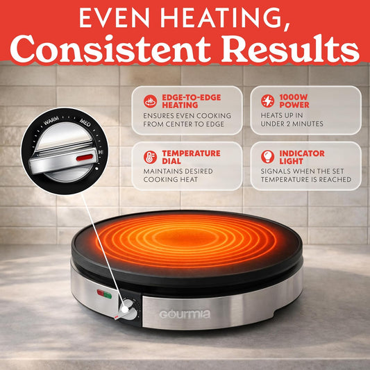Gourmia Crepe Maker - 12” Nonstick Griddle with Temperature Control