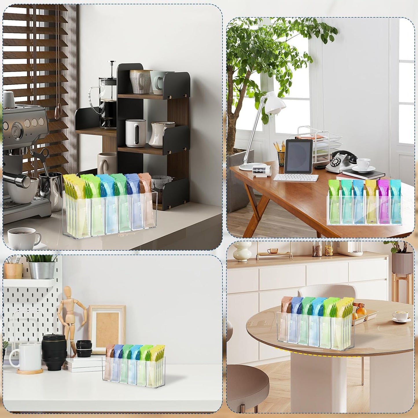2 Pcs Acrylic Drink Packet Organizer, Mountable Water Drink Packet Holder with Adhesive & Magnetic Sticker, Wall Mount Drink Storage Bins with Removable Divider for Table Refrigerator Cabinets Pantry