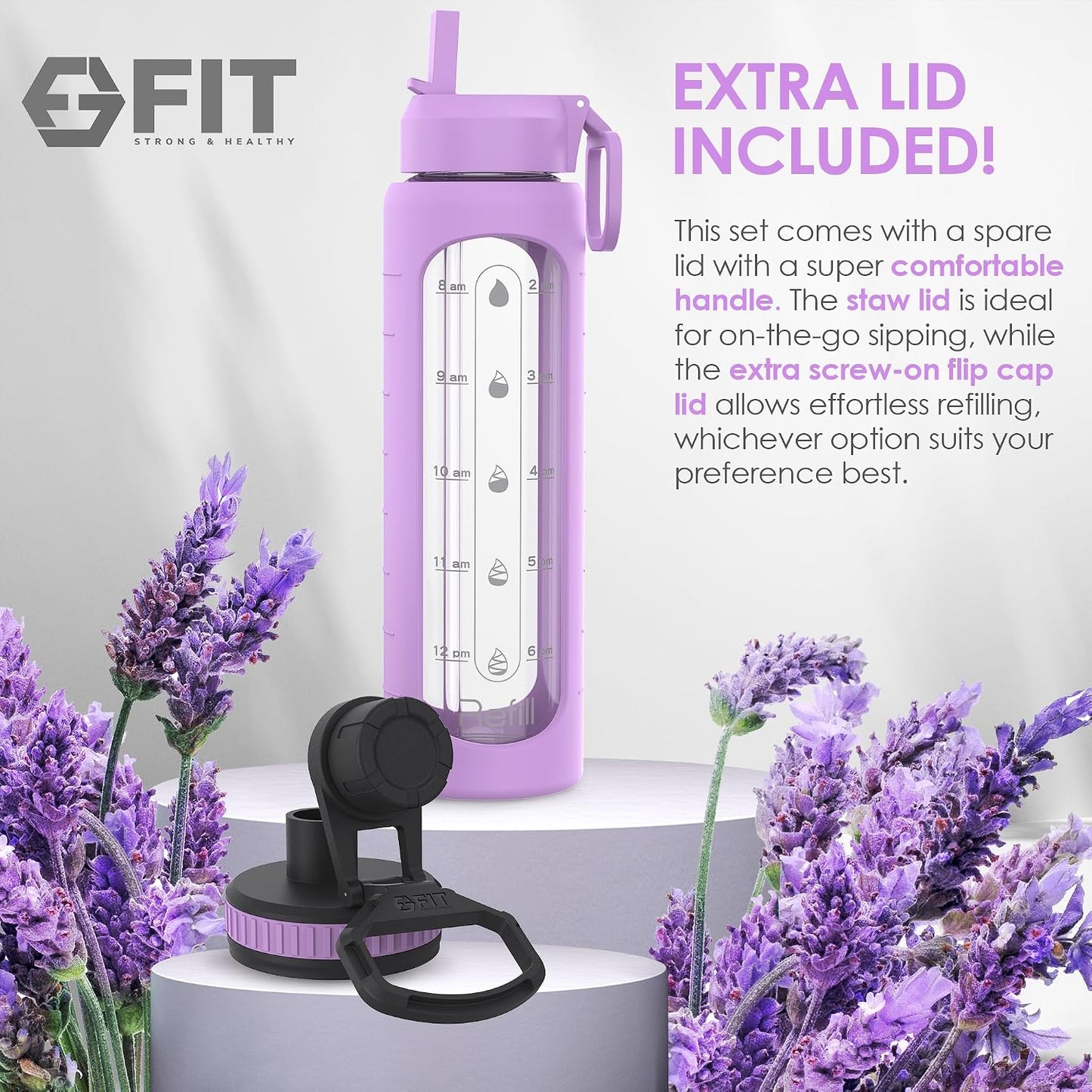 FIT Strong & Healthy 2 & 3 Compartment Glass Meal Prep Containers with LAVENDER Lids (4 Pack, 32 oz) and 32 oz Glass Water Bottle with Straw Lid, Time Marker, Sleeve & Extra Lid Bundle