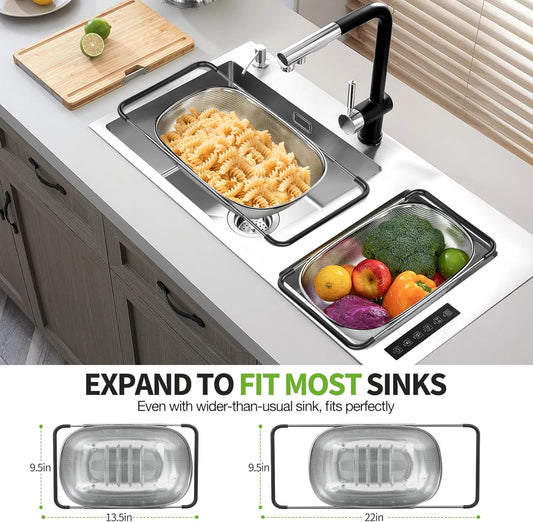 FirstE Over the Sink Colander Strainer Basket 6 Quart, Fine Mesh Stainless Steel Colander with Expandable Anti-slip Rubber Grip Handles, Kitchen Sink Vegetable Strainer for Drain Pasta, Rinse Fruits