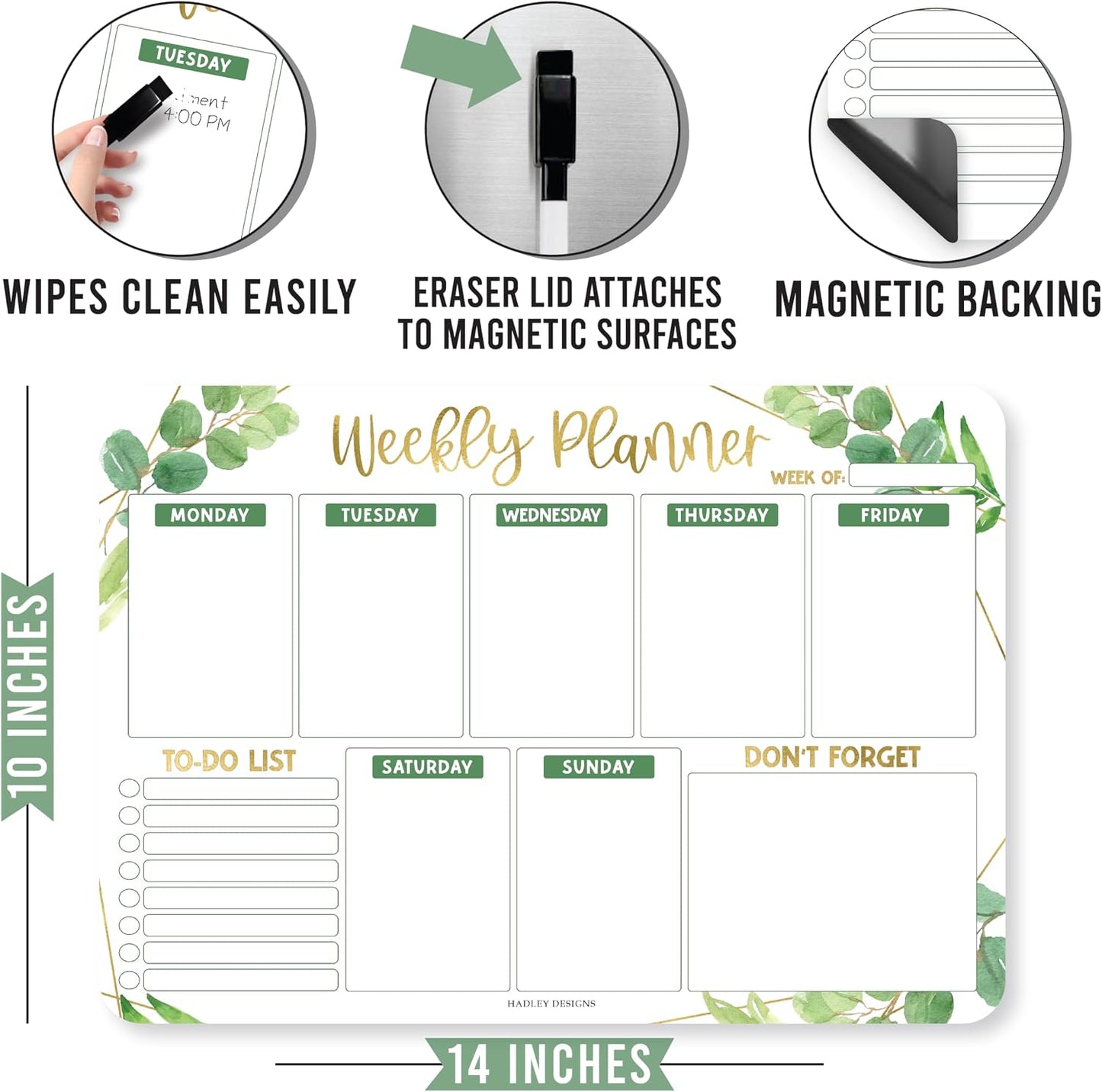 Greenery Dry Erase Weekly Calendar for Fridge - Magnetic Whiteboard, Schedule Board, White Board