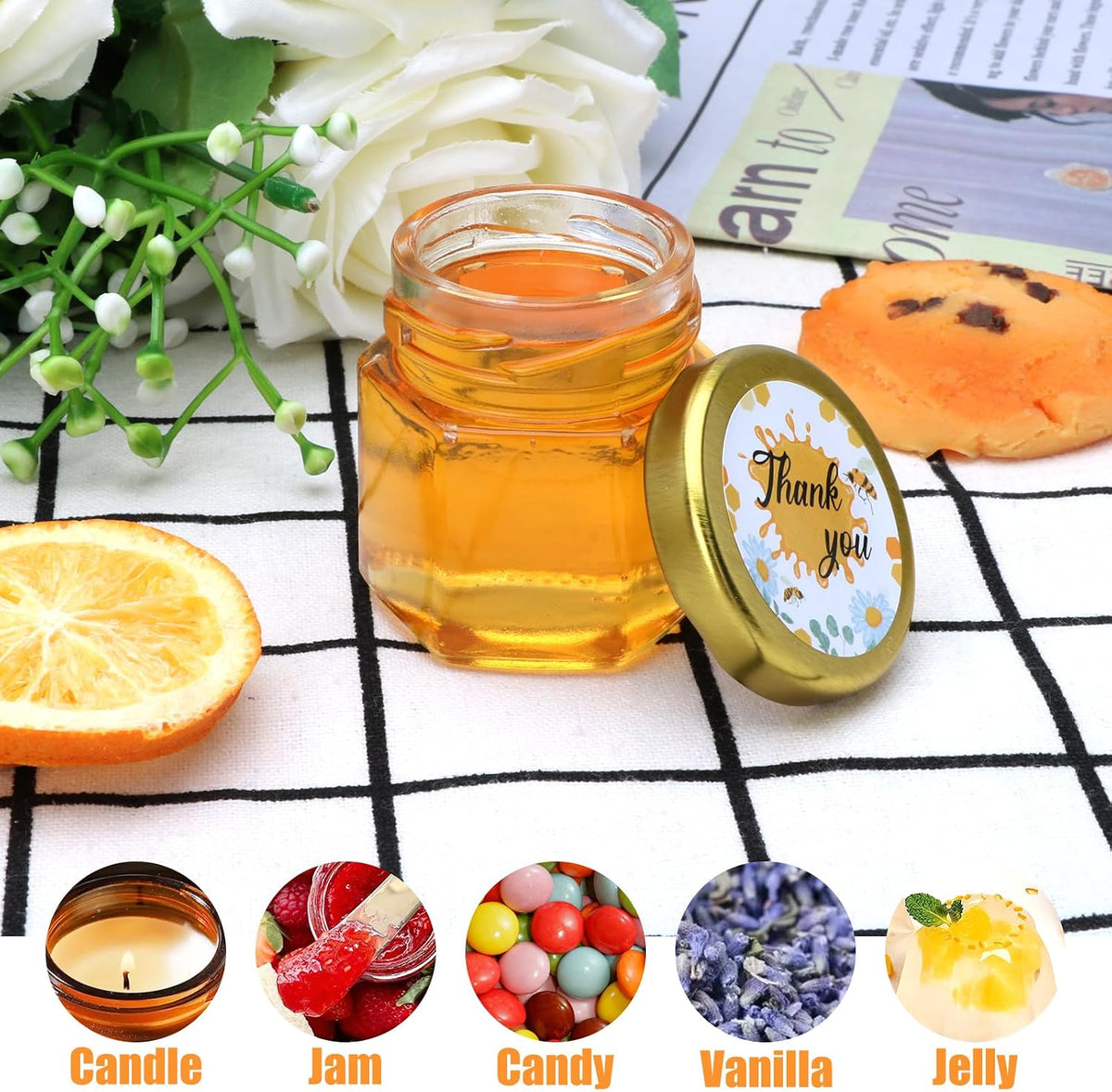 XING-RUIYANG 1.5 oz Hexagon Mini Glass Honey Jars -30Pack Honey Jars with Wood Dipper, Gold Lid, Bee Pendants, Jutes - Perfect for Baby Shower, Wedding Favors, Party Favors