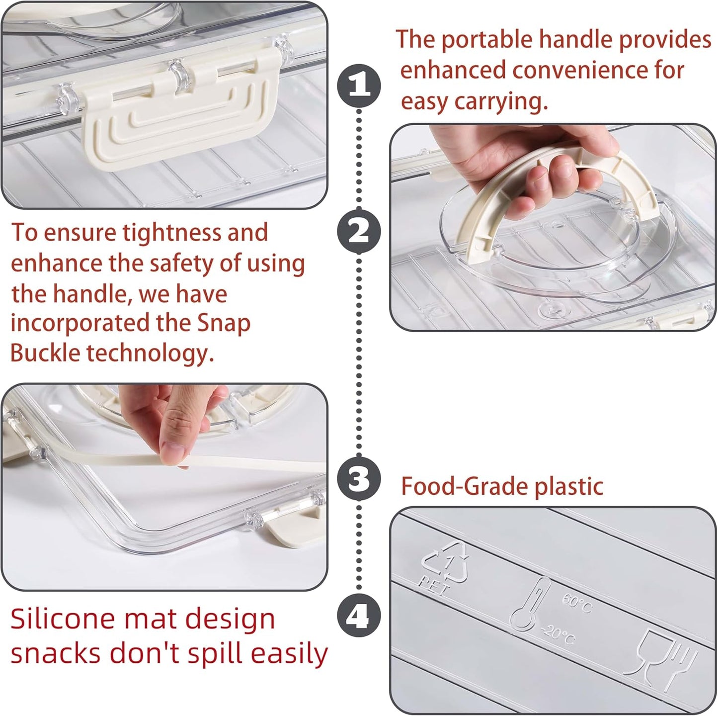 Bandesun Divided Serving Tray with Lid and Handle - Snackle Box Charcuterie Container for Portable Snack Platters - Clear Organizer for Candy, Fruits, Snacks,Nuts - Perfect (Pack of 2)