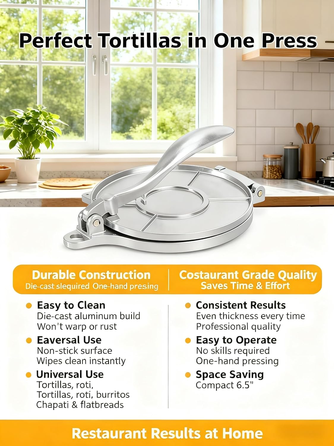 6.5 Inch Manual Aluminum Tortilla Press, Dough Press Maker for Flour Tortillas, Roti, Burritos, Dumpling & Mexican Flatbreads, Easy Operation for Home Kitchen and Restaurant