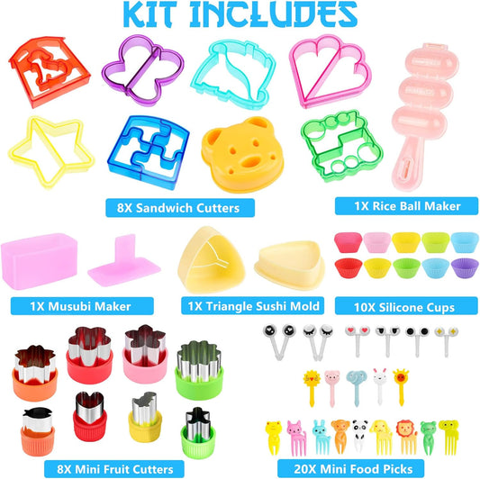 FUNGYAND Sandwich Cutter Set, 52 in 1 Bento Box Accessories Kit Includes Sandwich Cutters, Fruit Cutter, Food Picks, Silicone Cups, Musubi Maker, Rice Ball Maker, Complete Bento Lunch Box Supplies