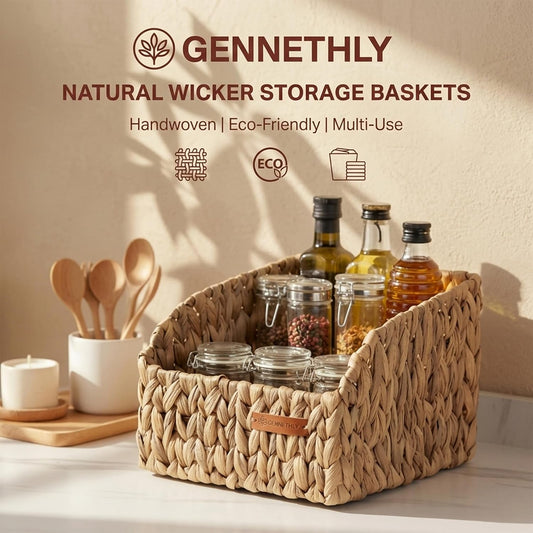 Water Hyacinth Wicker Baskets for Storage, Handwoven Rattan Shelf Basket with Open Front for Organizing Pantry Closet Wardrobe, 100% Natural Decorative Woven Organizer Bin for Cabinet, 2 Pack