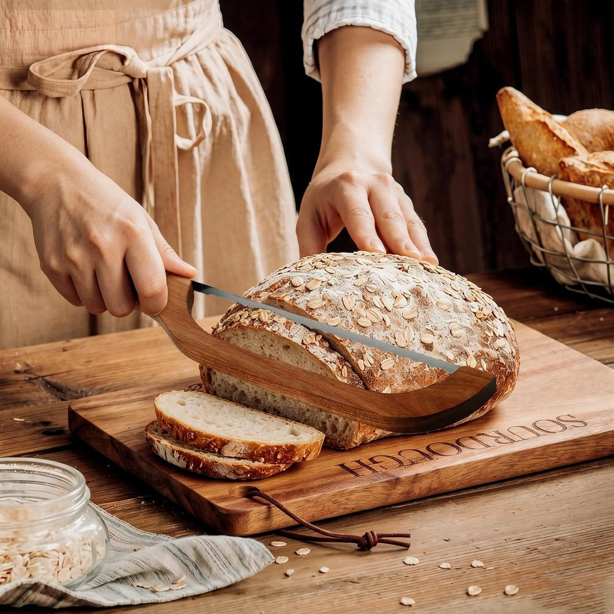 15.3 Inch Acacia Wooden Sourdough Bread Slicer Set, Adjustable Thickness Bread Acacia Cutting Board with Groove Curved Handle Knife for Bakers Sourdough Lover Gifts