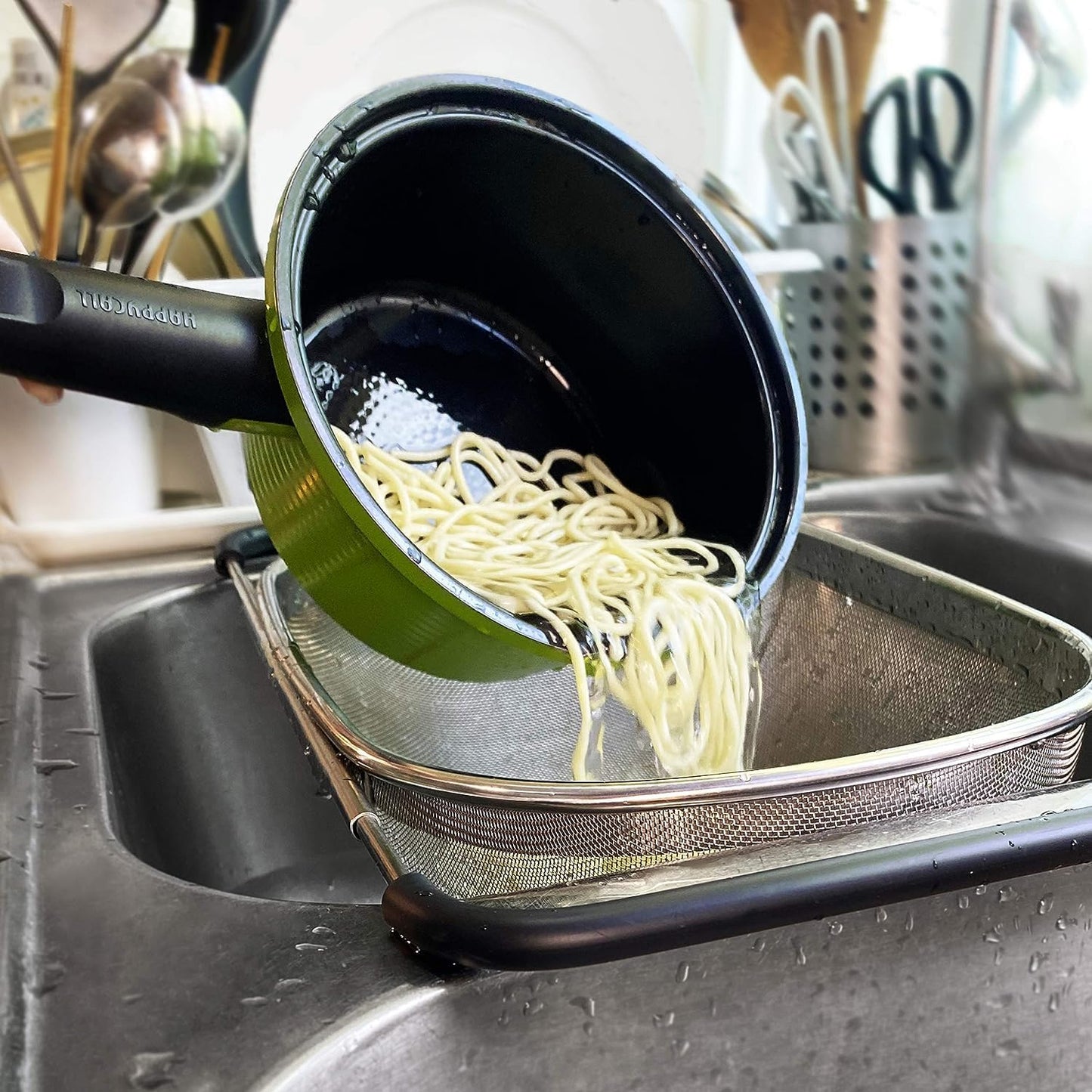 Gormery_Over The Sink Colander Strainer Basket Stainless Steel, for Kitchen Sink with Rubber Grip, Fine Mesh Stainless Steel, Large, Expandable Metal Strainer for Pasta, Food, Vegetables