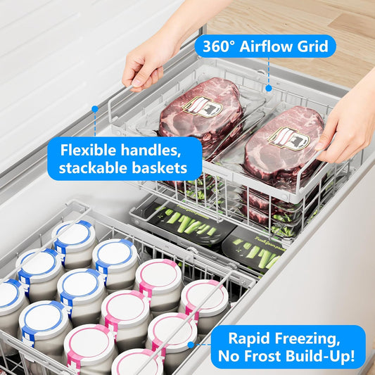 Freezer Organizer Bins, 6-Pack for Chest Freezers | Stackable & Expandable Storage Container with Handles | White Foldable Baskets for 10-20 Cu. Ft. | for Sorting Frozen Meats