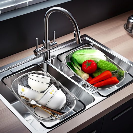Tioncy 2 Pcs Large over The Sink Colander with Expandable Rubber Handles