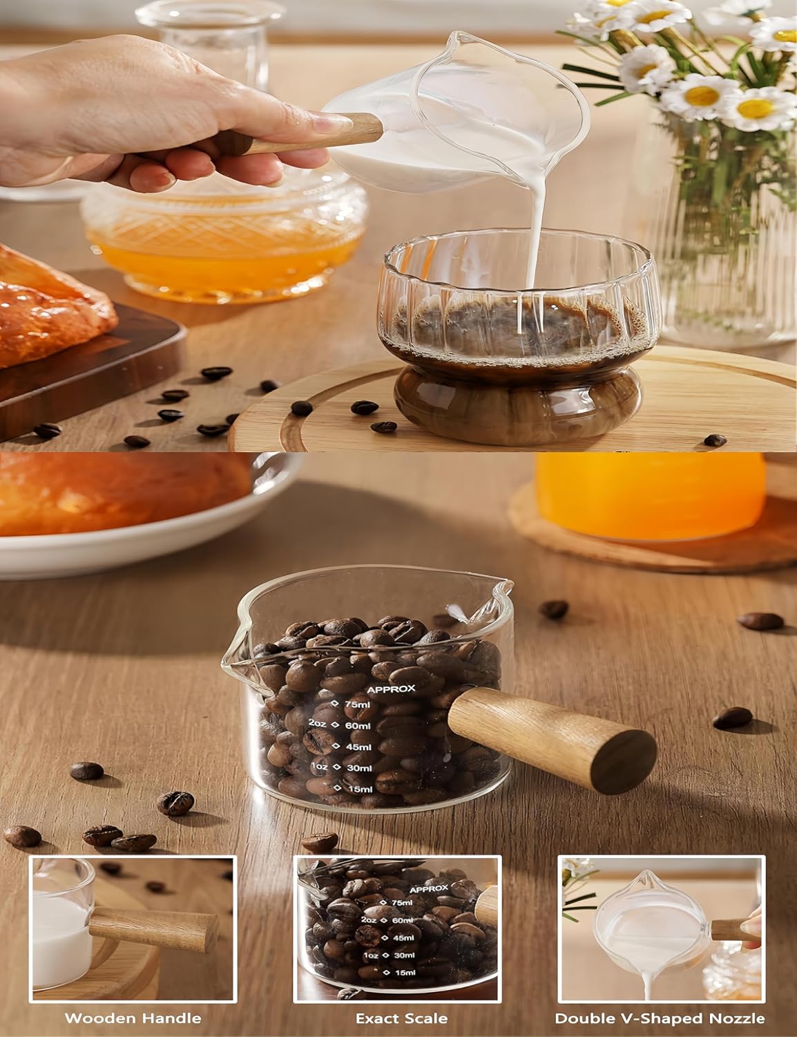 2 Piece Set 3oz Wooden Handle Double Mouthed Espresso Shot Glass, Espresso Measuring Cup, Small Transparent Glass Espresso Accessories for Machine, Milk Frother