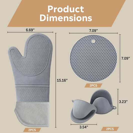 Silicone Oven Mitts and Pot Holders Sets 6 Piece for Kitchen