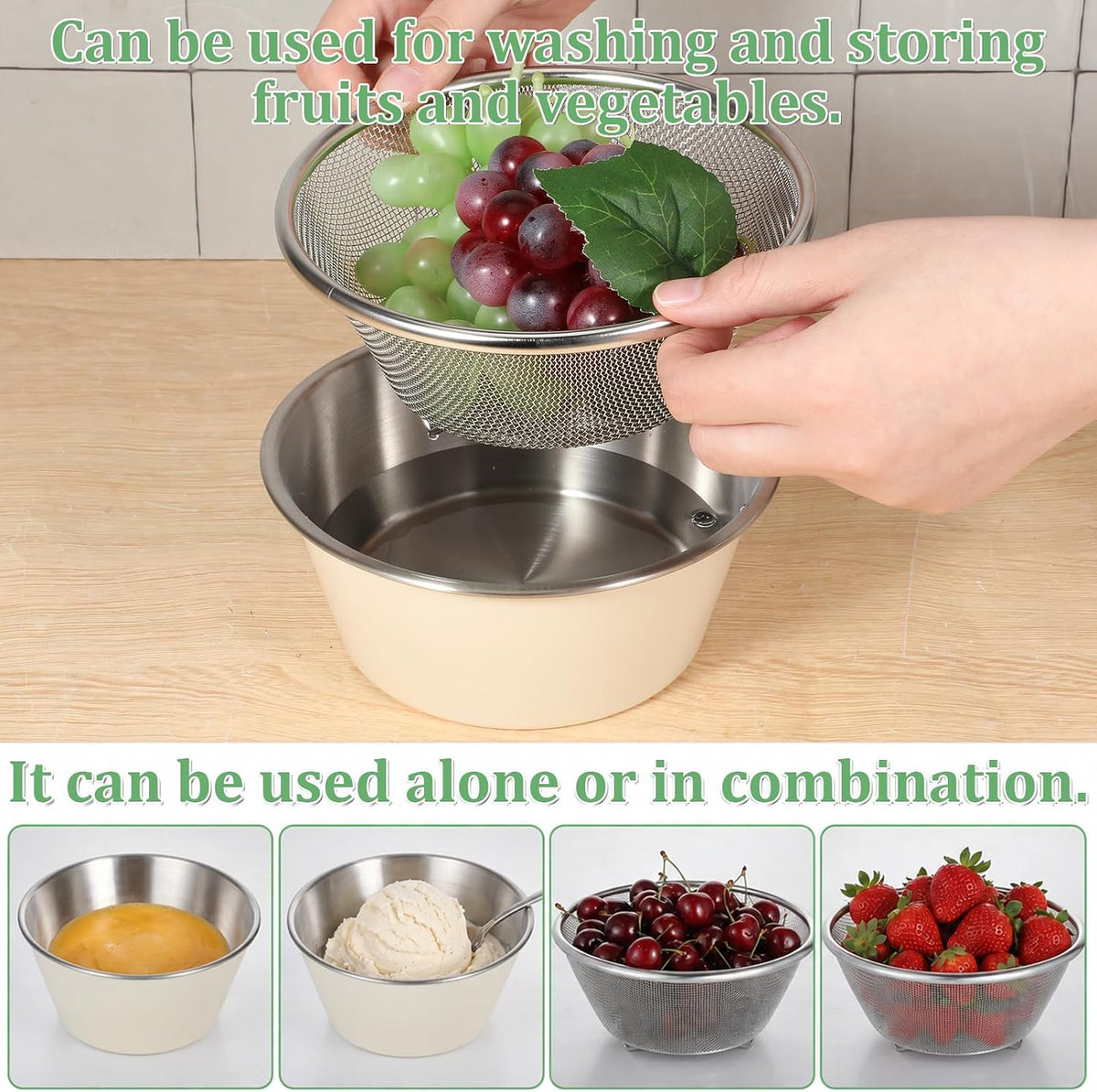4 Pcs 304 Stainless Steel Colander with Mixing Bowl, Mini Rice Strainer