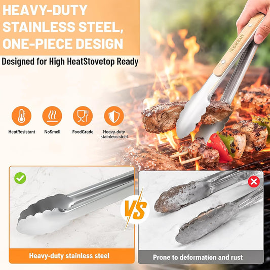 9+12 inch Stainless Steel Kitchen Tongs for cooking with Wood Handle, Set of 2