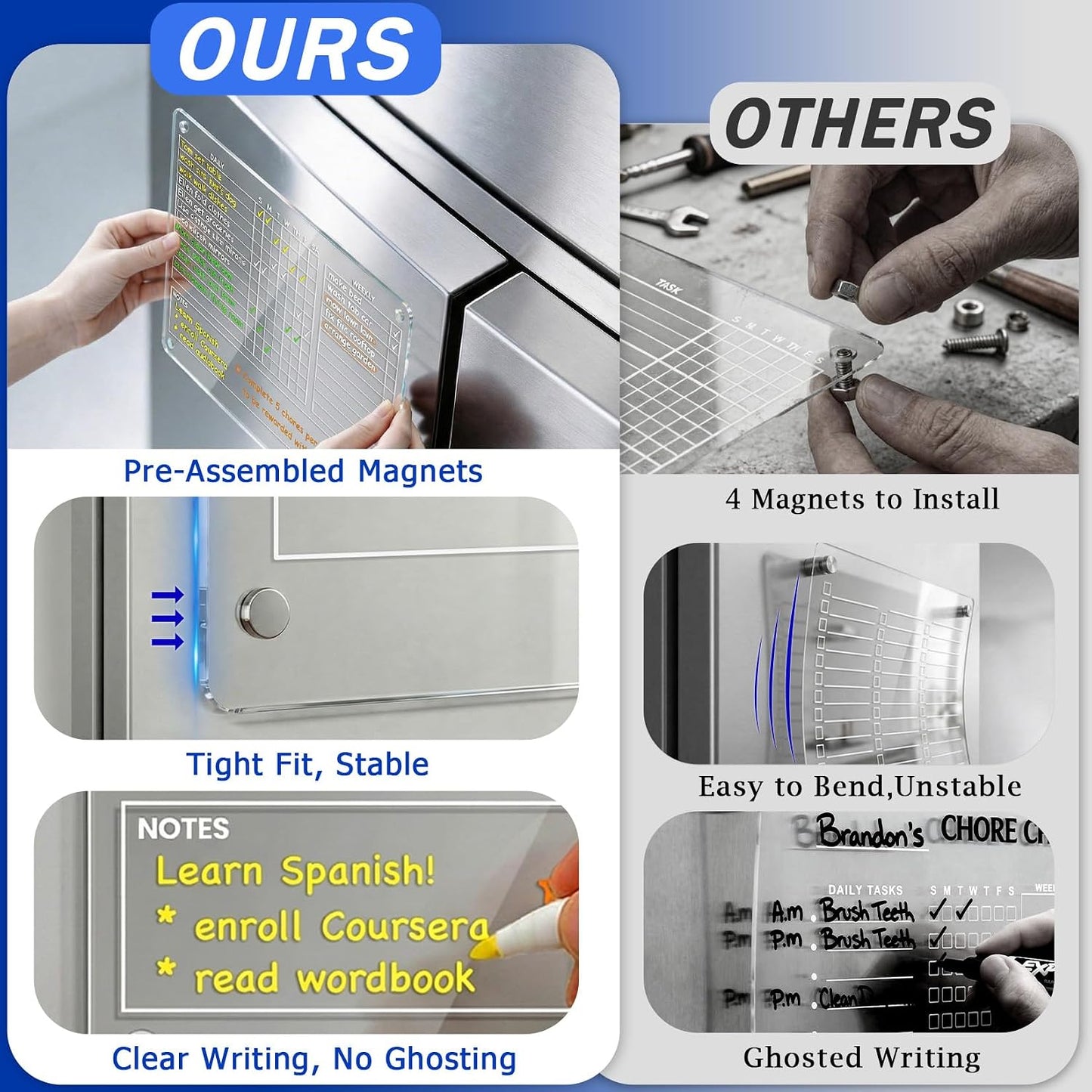 PigPotParty Acrylic Magnetic Chore Chart for Adults, 12x9.5 Inch Clear Dry Erase Chore Board for Fridge, Daily Weekly and Notes Sections, Pre-Installed Embedded Magnets, 8 Fine-tip Markers and Towel