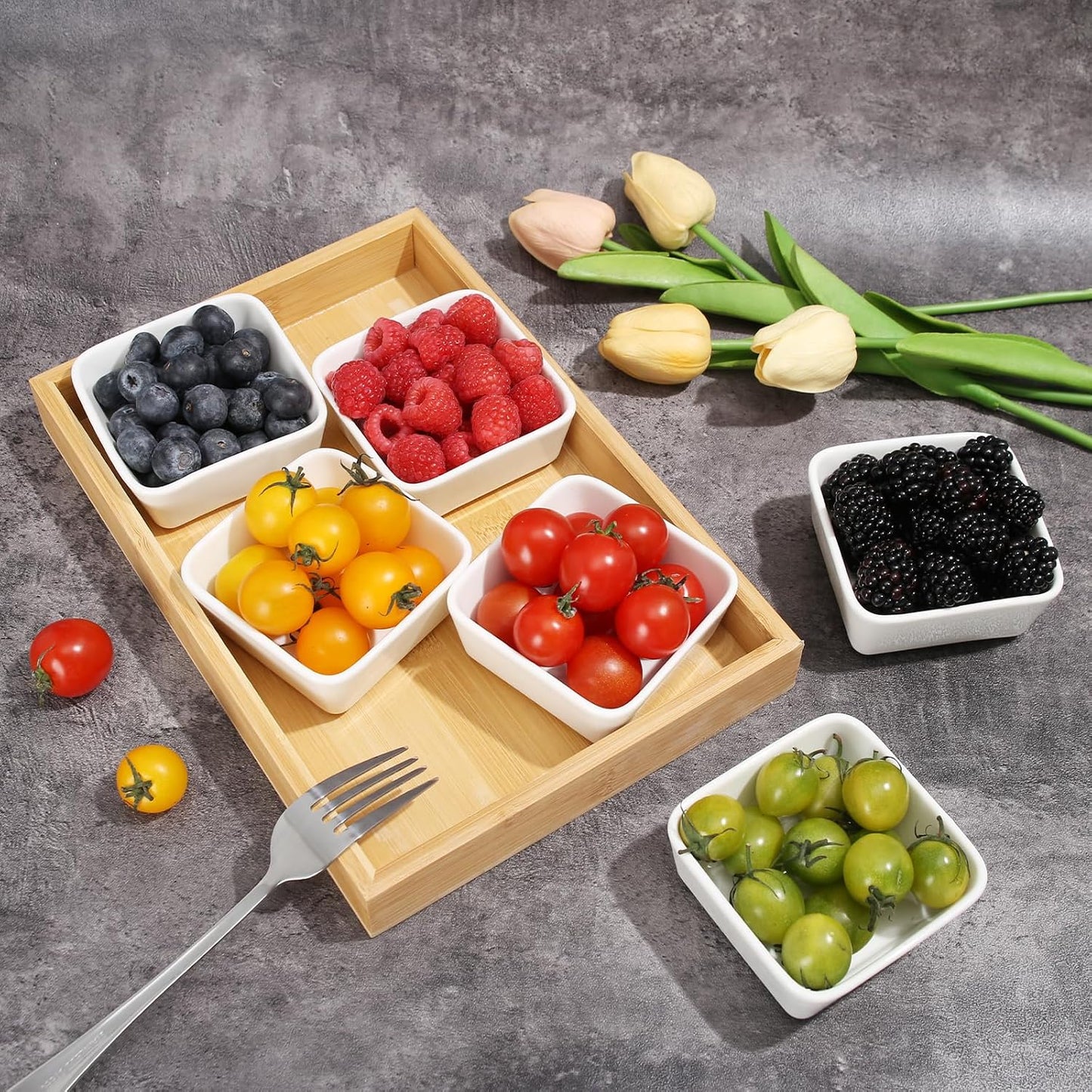 Ceramic Snack Bowls with Bamboo Tray Set,Divided Serving Bowls and Platters for Hosting & Party,Removable Serving Dishes for Chips and Dip,Fruit,Veggies,Candy and Snacks Kitchen Decor (4)