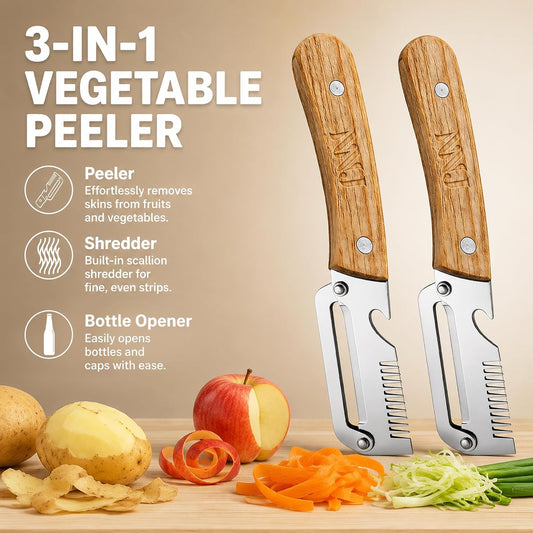 NNJ 2 Pack Vegetable Peeler, Multifunctional Stainless Steel Julienne Peeler for Potatoes, Carrots, Cucumbers, Ergonomic Kitchen Peeler with Built-in Bottle Opener, Sharp Fruit Veggie Shredder Tool