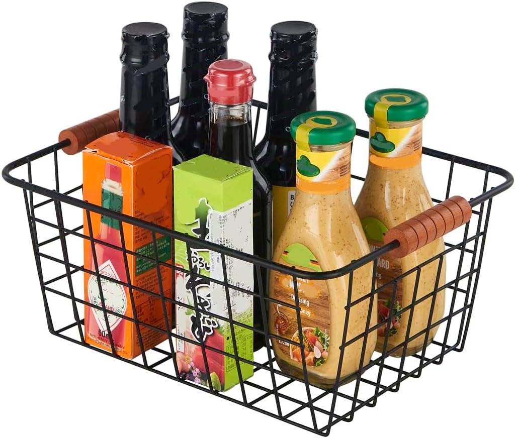 JUNCHU CHERRY Wire Kitchen Storage Basket 4 Packs,Perfect Pantry Organization Accessories Baskets,Laundry Basket,With a Wooden handle,Suitable for Kitchen,Bathroom,Bedroom,Tabletop,Stackable,Black