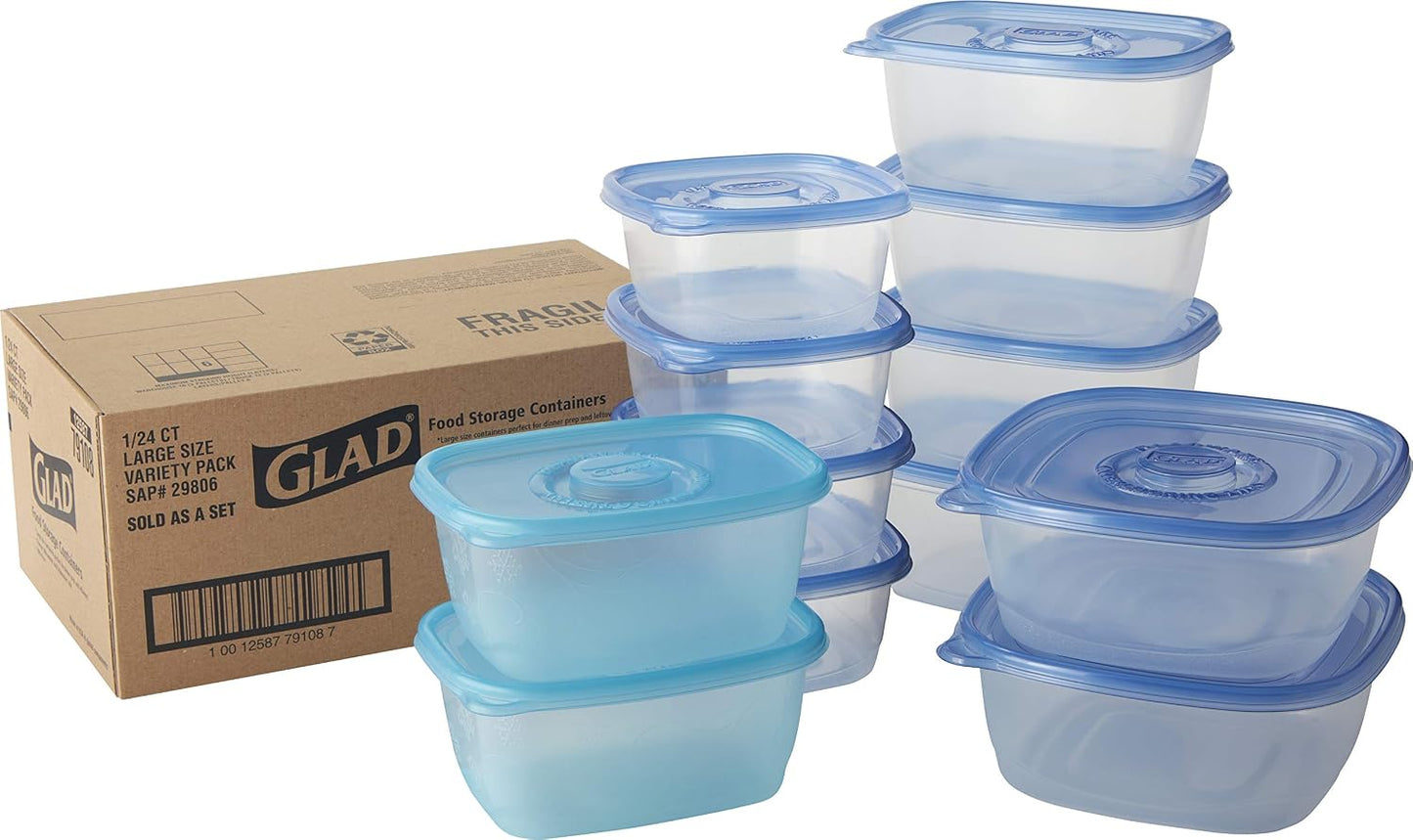 GladWare Food Storage Containers, Family Variety Pack, 24 Piece Set | with Glad Lock Tight Seal, BPA Free Containers and Lids in a Variety of Sizes to Hold and Store Food