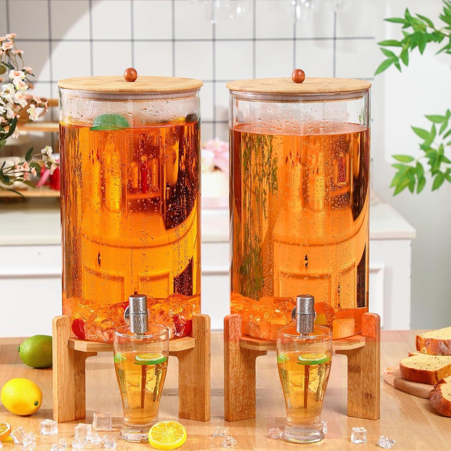 FillTouch 2 Pack 2.5 Gallon Drink Dispensers for Parties, Glass Beverage Dispensers with Bamboo Stand, Spigot and Bamboo Lid Leakproof for Lemonade Juice, Tea, Water, and Party Drinks