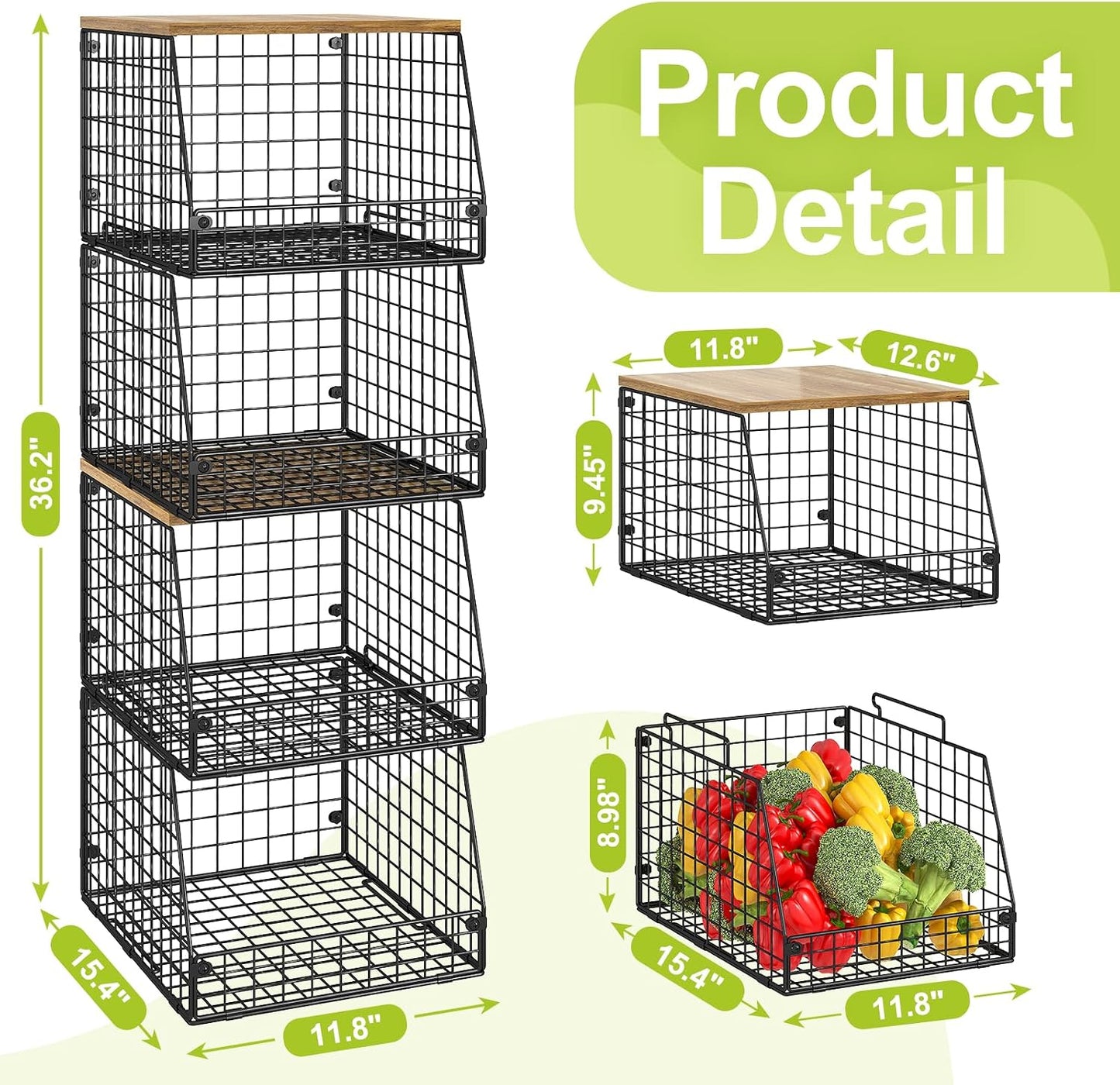 Jakyitvi 5 Pack XXL Stackable Wire Storage Basket, Extra Large Capacity Pantry Organizer and Storage, Muti-Purpose for Fruit Vegetable Basket & Toy Bin & Snack Organizer