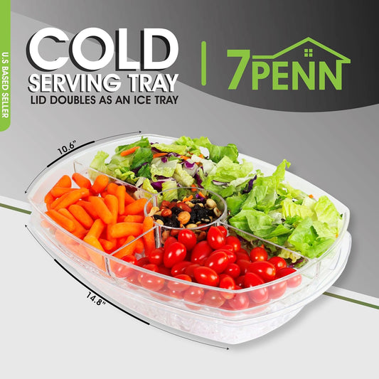 7Penn Acrylic Appetizer Serving Tray - 4 Compartment Transparent Chilled Serving Platter with Flip-Over Ice Tray Lid