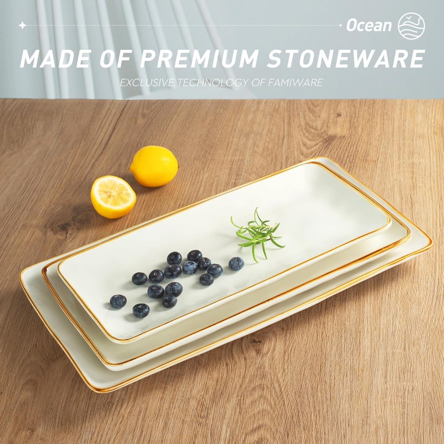 Famiware Serving Platter, Rectangular 15.67/14.1/12.6inch Serving Dishes for Entertaining, Microwave Dishwasher Safe, Stoneware Serving Trays for Party, Turkey, Cheese, Ocean Series, Cappuccino White
